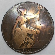 GREAT BRITAIN UK 1907 . ONE 1 PENNY . ERROR . FILLED DIE . MISSING LEGENDS